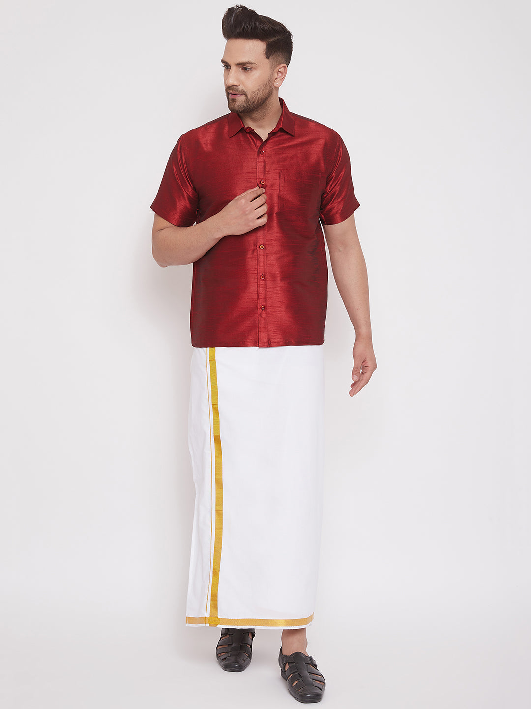 Men's Maroon And White Silk Blend Shirt And Mundu - Vastramay