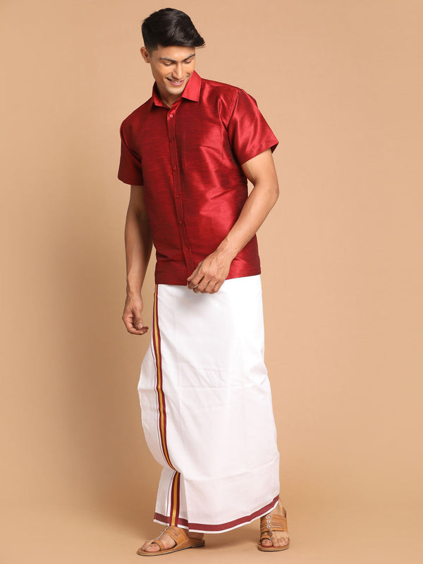 Jashvi Men's Maroon Silk Blend Shirt And Mundu Set