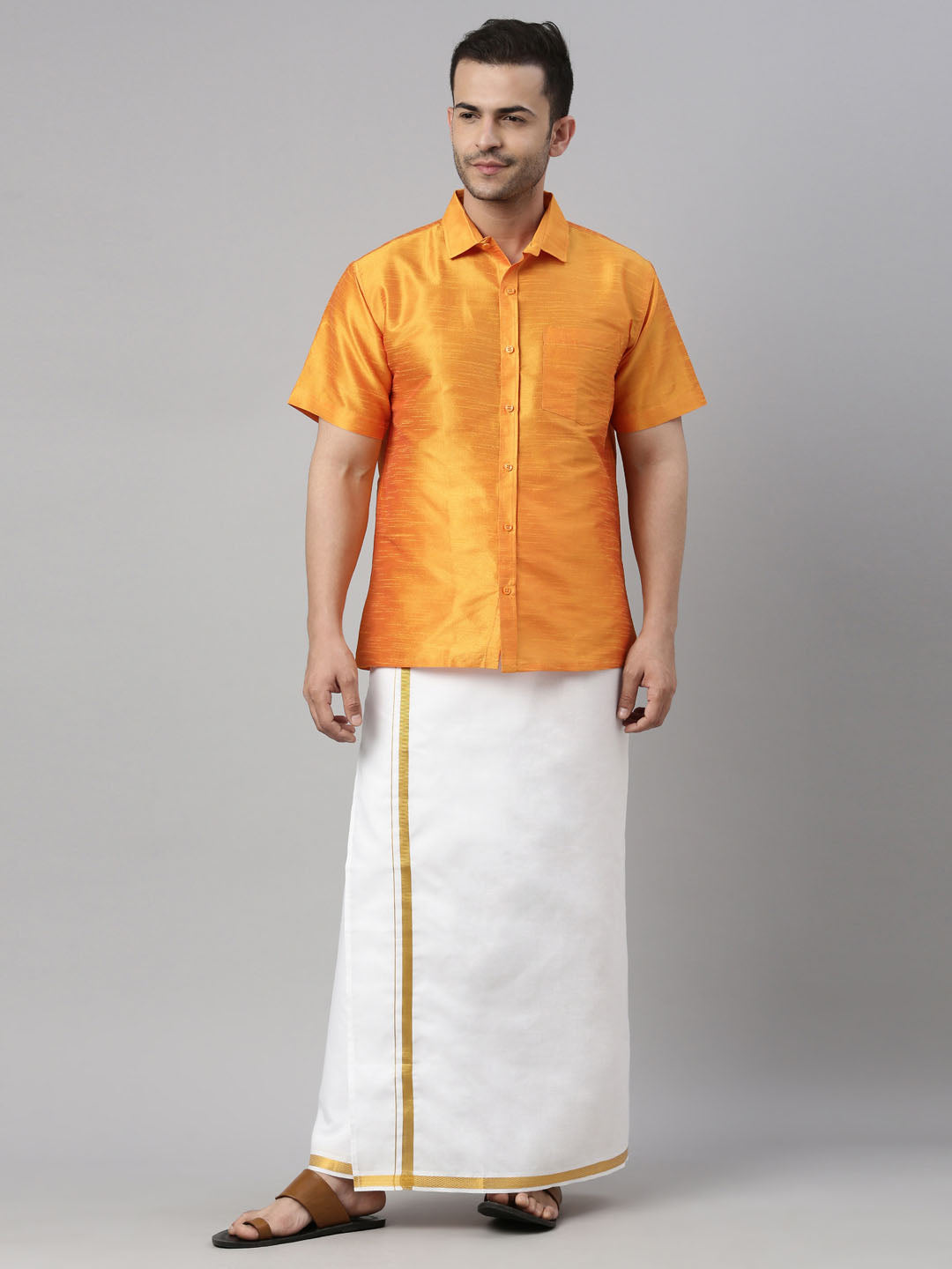 Men's Orange And White Silk Blend Shirt And Mundu - Vastramay