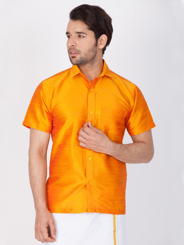 Men's Orange Cotton Silk Blend Ethnic Shirt - Vastramay