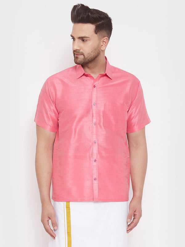 Jashvi Men's Pink Silk Blend Ethnic Shirt