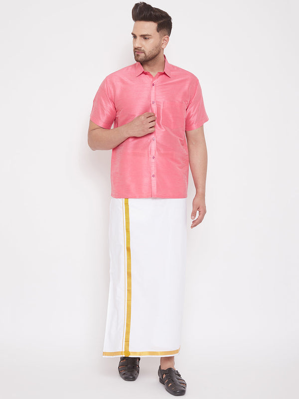 Jashvi Men's Pink and White Silk Blend Shirt And Mundu Set