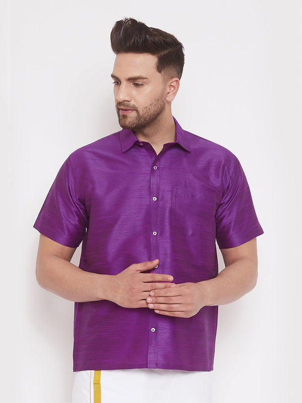 Jashvi Men's Purple Silk Blend Ethnic Shirt