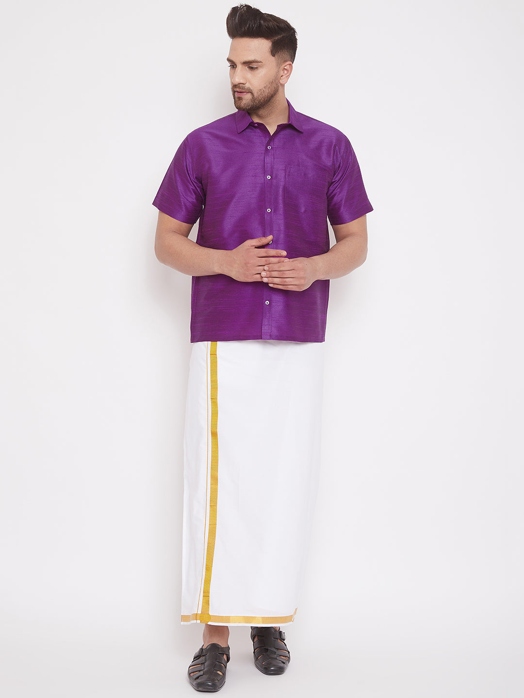 Men's Purple And White Silk Blend Shirt And Mundu - Vastramay