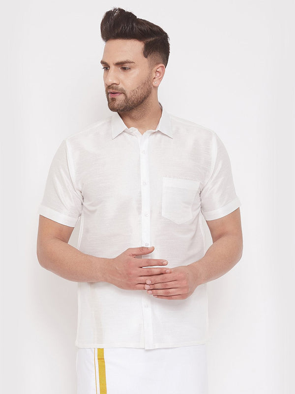 Men's White Cotton Silk Blend Ethnic Shirt - Vastramay