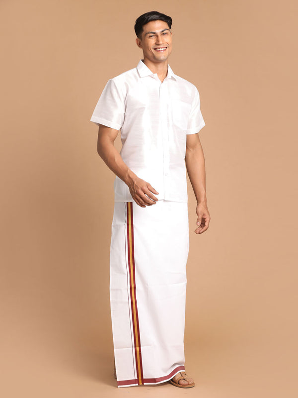 Jashvi Men's White Silk Blend Shirt And Mundu Set