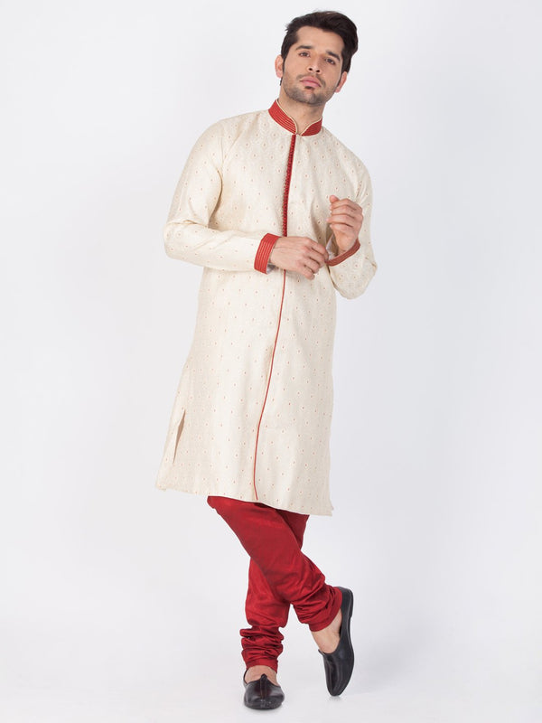 Men's Gold Cotton Silk Blend Sherwani Set - Vastramay