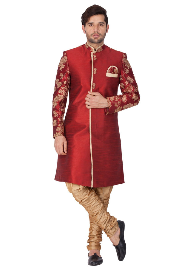 Jashvi Men's Maroon Cotton Silk Blend Sherwani Set