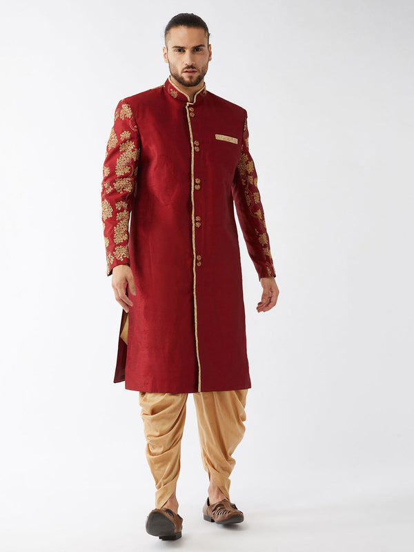 Jashvi Men's Maroon And Gold Silk Blend Sherwani Set