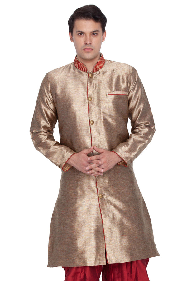 Jashvi Men's Gold Cotton Silk Blend Sherwani Top