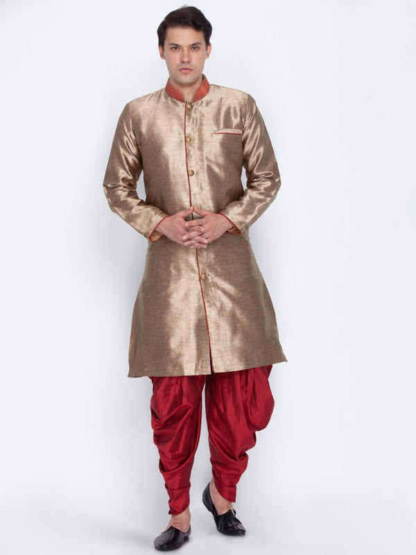 Jashvi Men's Gold Cotton Silk Blend Sherwani Set