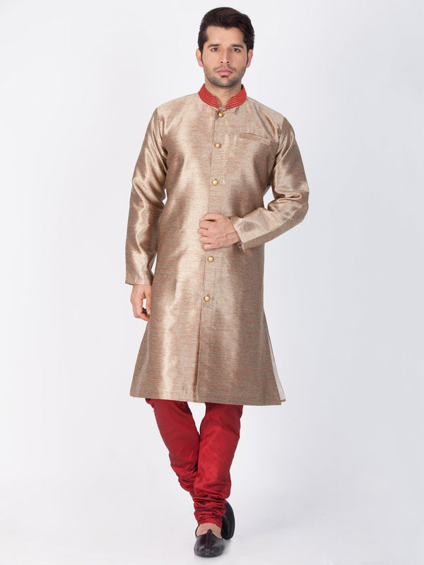 Jashvi Men's Gold Cotton Silk Blend Sherwani Set