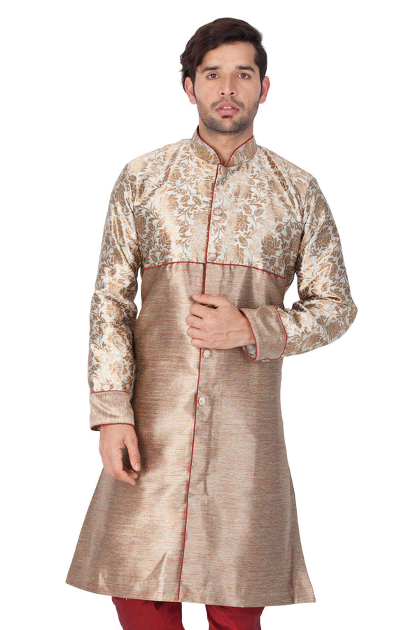 Jashvi Men's Gold Cotton Silk Blend Sherwani Top