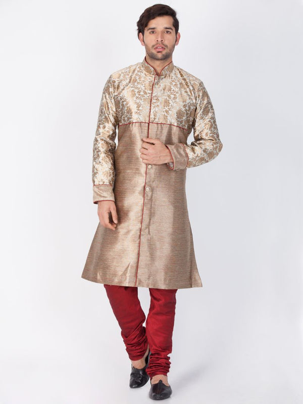 Jashvi Men's Gold Cotton Silk Blend Sherwani Set