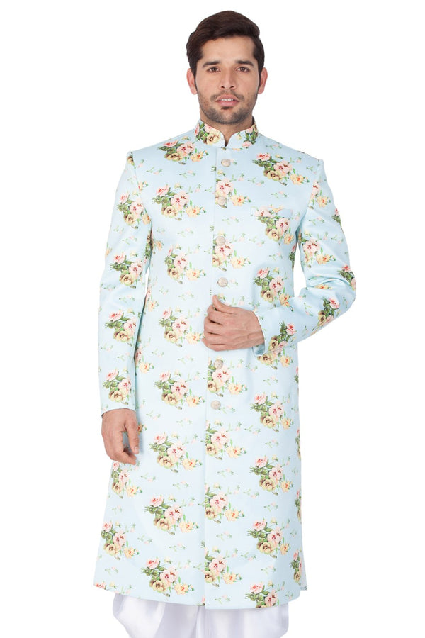 Men's Light Green Cotton Silk Blend Sherwani Only Top - Vastramay