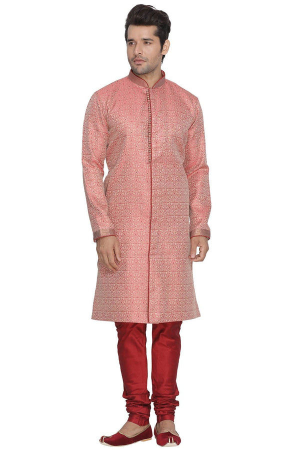 Jashvi Men's Pink Cotton Silk Blend Sherwani Set