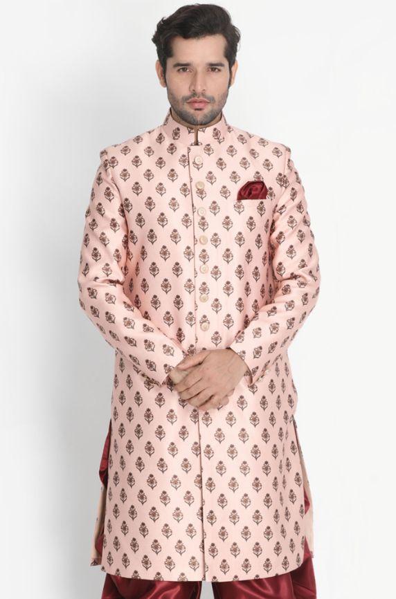 Men's Pink Cotton Silk Blend Sherwani Only Top - Vastramay