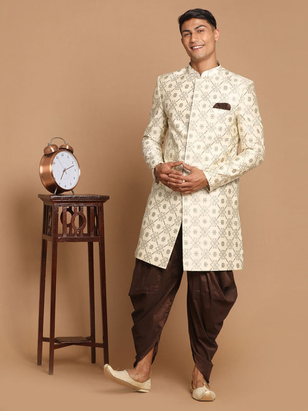 Jashvi Men's Beige And Coffee Silk Blend Royal Looking Sherwani Set