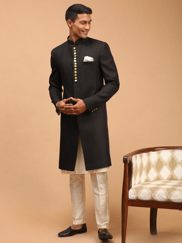 Jashvi Men's Black Sherwani With Kurta Pant Set