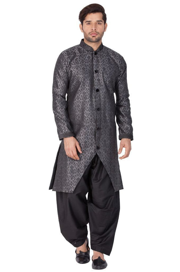 Men's Grey Cotton Silk Blend Sherwani Set - Vastramay