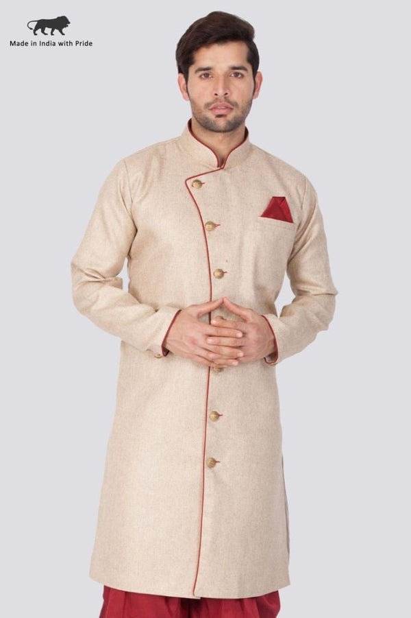 Men's Beige Cotton Silk Blend Sherwani Only Top - Vastramay