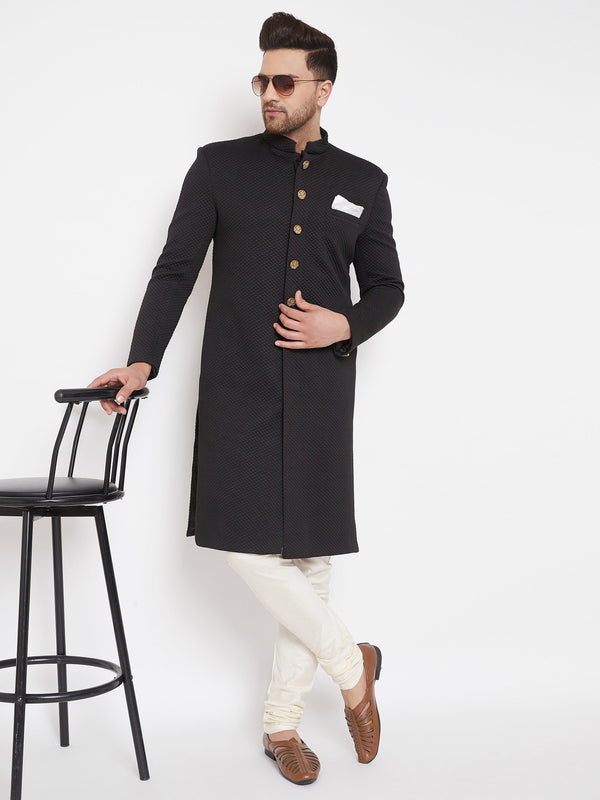 Jashvi Men's Black Silk Blend Sherwani Set