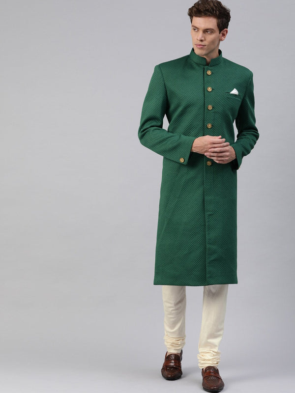 Jashvi Men Green & Off-White Self-Design Sherwani with Churidar