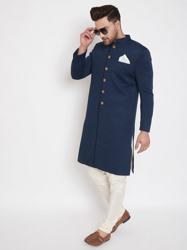 Jashvi Men's Navy Blue Silk Blend Sherwani Set