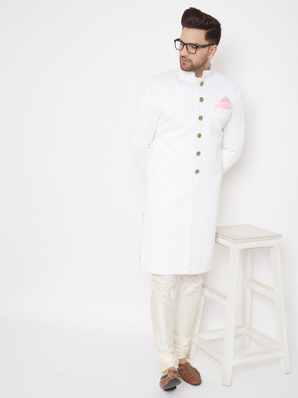 Jashvi Men's White Silk Blend Sherwani Set