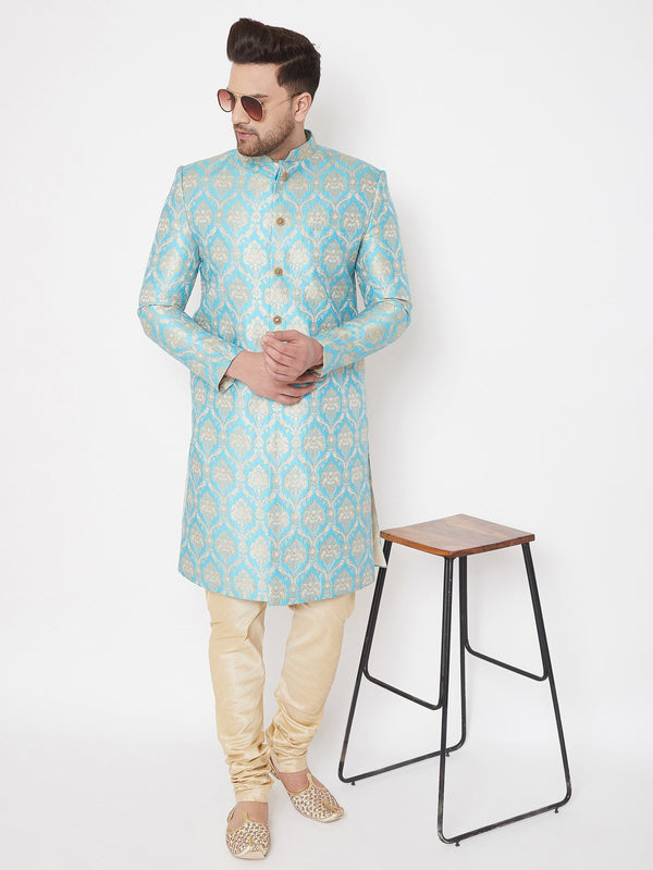 Men's Sea Green And Gold Brocade Jacquard Sherwani Set - Vastramay