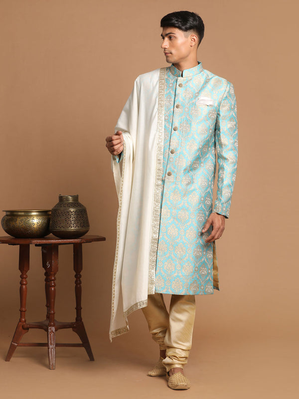 Jashvi Sea Green And Gold Brocade Jacquard Sherwani Set With Cream Dupatta