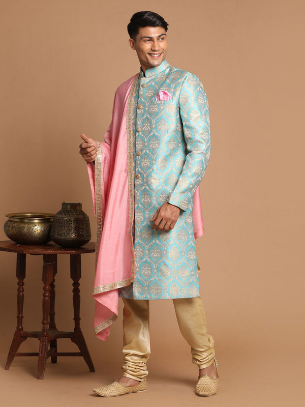 Jashvi Sea Green And Gold Brocade Jacquard Sherwani Set With Pink Dupatta