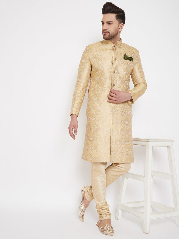 Men's Beige And Golden Brocade Jacquard Sherwani Set - Vastramay