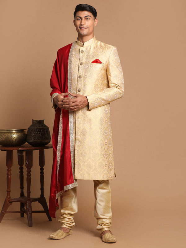 Jashvi Men's Golden Brocade Slim Fit Sherwani Set With Maroon Dupatta