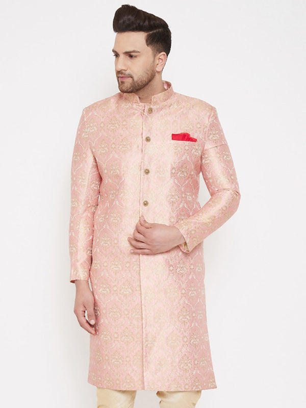 Jashvi Men's Pink Slim Fit Brocade Woven Design Sherwani Set-Only Top