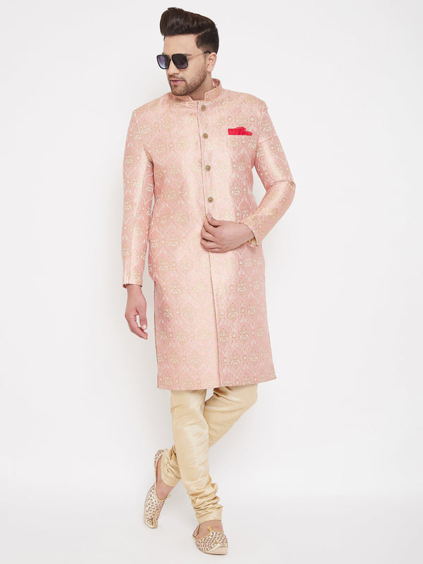 Jashvi Men's Pink And Gold Silk Blend Sherwani Set