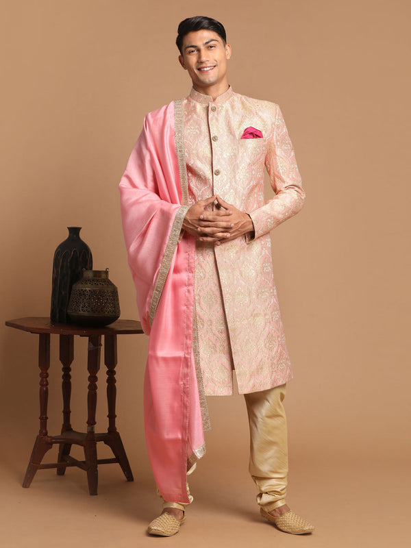 Jashvi Men's Pink And Gold Silk Blend Sherwani Set With Pink Dupatta