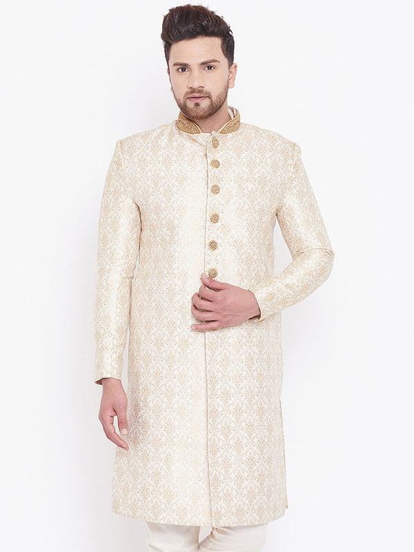 Jashvi Men's Beige And Gold Embroidered Brocade Sherwani Top