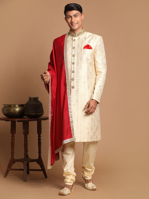 Jashvi Men's Beige And Gold Embroidered Brocade Sherwani Set With Maroon Dupatta