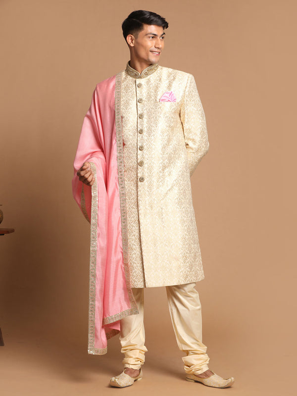 Jashvi Men's Beige And Gold Embroidered Brocade Sherwani Set With Pink Dupatta