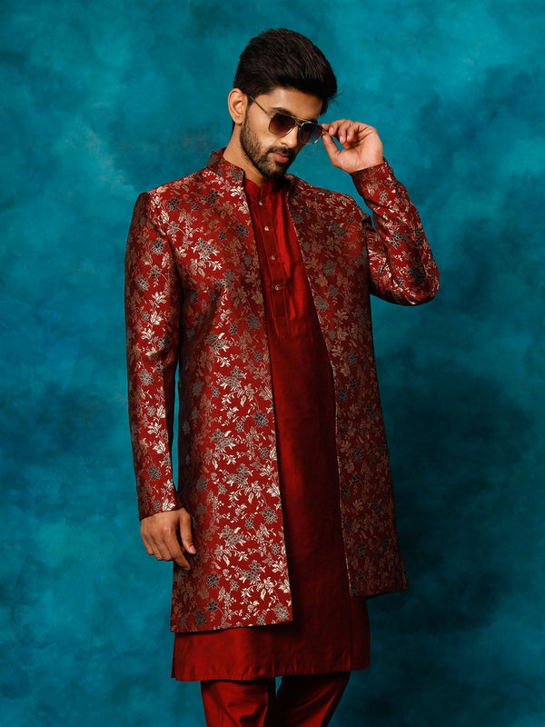 Jashvi Men's Red Jacquard Indo Western Only Top