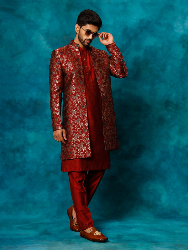 Jashvi Men's Red Jacquard Indo Western With Maroon Viscose Kurta Pant Set