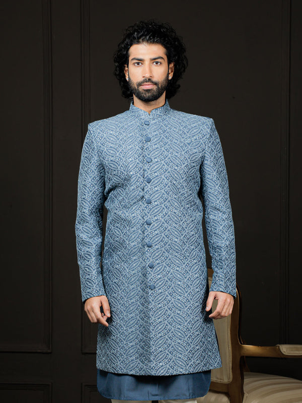 Jashvi Men's Blue Cotton Blend Sherwani Only Top