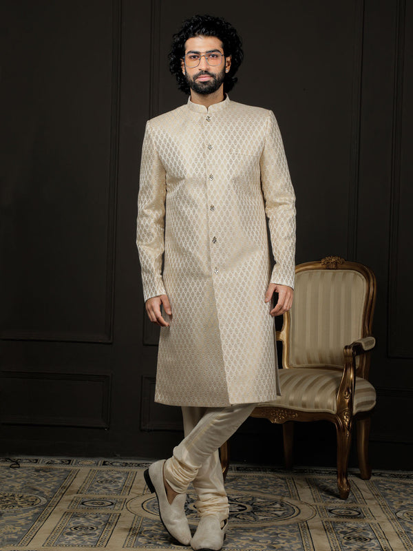 Jashvi Men's Cream And Gold Silk Blend Sherwani Set