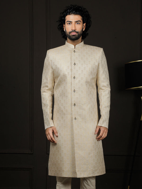 Jashvi Men's Gold Silk Blend Sherwani Only Top