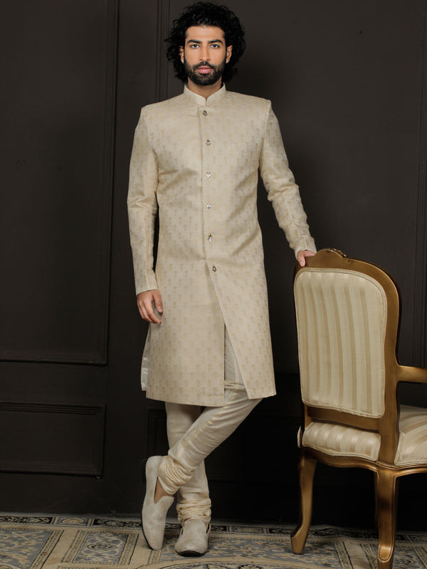 Jashvi Men's Gold And Cream Silk Blend Sherwani Set