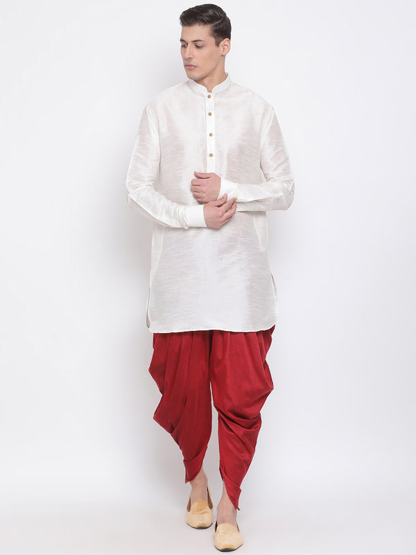 Jashvi Men's Cream Silk Blend Curved Kurta Dhoti Set