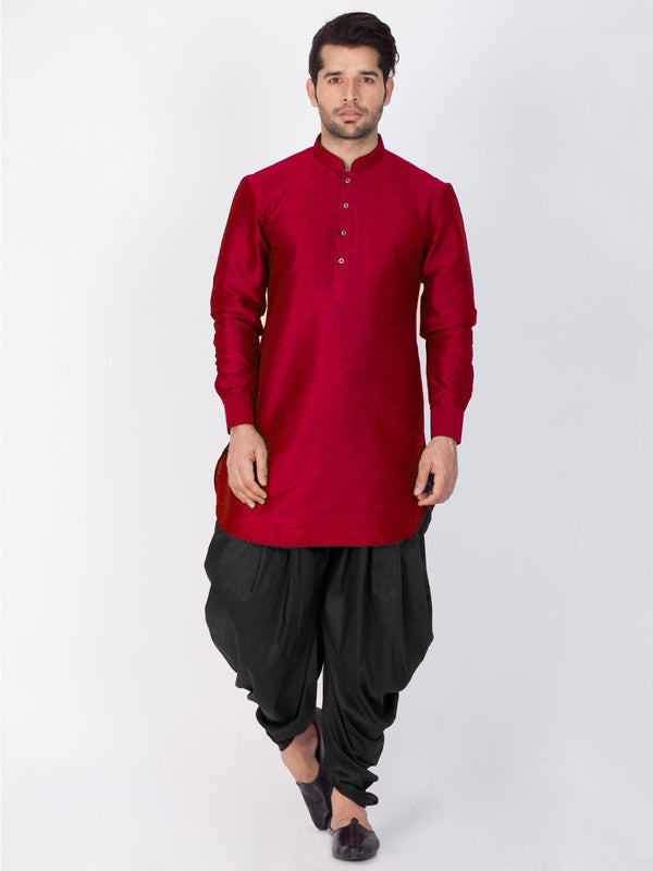 Men's Maroon Cotton Silk Blend Kurta and Dhoti Pant Set - Vastramay