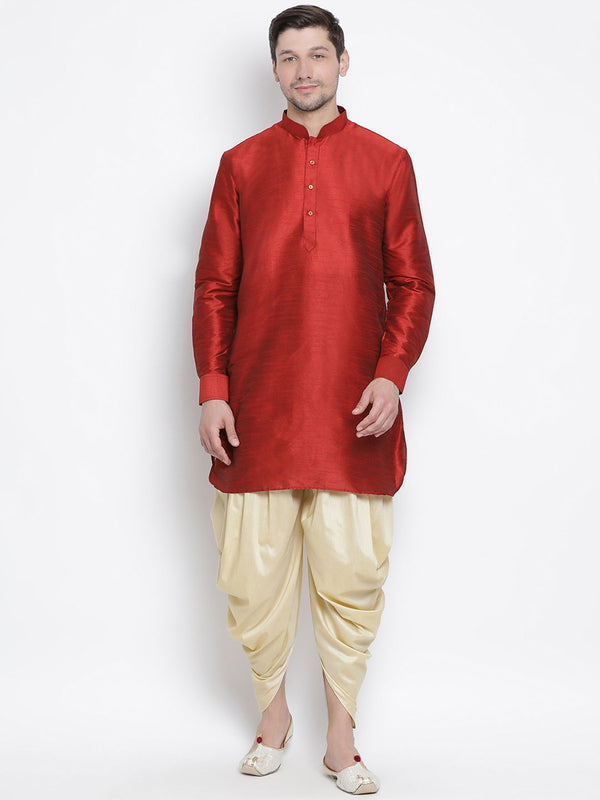 Men's Maroon Cotton Silk Blend Kurta and Dhoti Pant Set - Vastramay