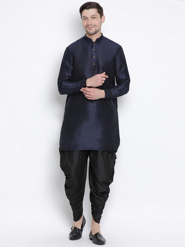 Men's Dark Blue Cotton Silk Blend Kurta and Dhoti Pant Set